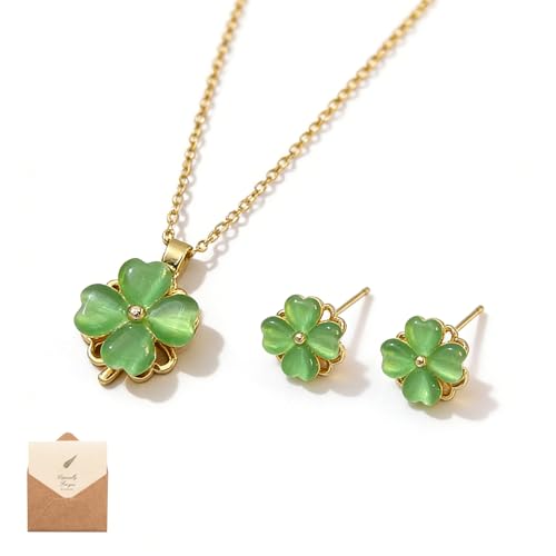 Rotating Sunflower Necklace & Earrings Jewelry Set for women| Gold coating Titanium Alloy with Sparkling Cubic Zirconia| Jewelry box +Tote Bag +3D Card |Gift for Birthday, Anniversary or Mother's Day - color: SpinningClover