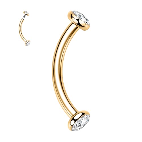 GAGABODY G23 Titanium Eyebrow Piercing Jewelry Curved Barbell Lip Ring | Internal Thread Used in Eyebrow,Belly,Rook 16 Gauge from 6mm to 12mm Lightweight Daily for Woman and Man Sensitive Skin - color: 1Pc-Disc Shape Gold+Clear CZ, size: 16G-8mm