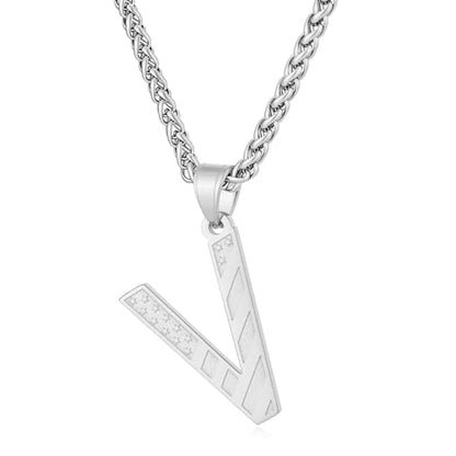 Initial Necklace for Men Stainless Steel Pendent Chain Personalized A-Z Letter Necklaces Black/Gold/Silver Christmas Jewelry Gifts - color: Silver, style: Initial-V