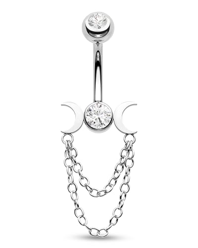 Moon Phase Belly Button Rings Double Chain Belly Rings 316L Stainless Steel Belly Button Piercing Jewelry 14Gauge Belly Ring for Women - color: Clear CZ