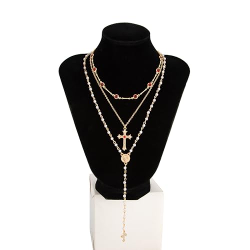 Layered Necklace for Women, Cross Pendant Y Necklace Set, 18K Gold Plated Dainty Stackable Jewelry Gift for Everyday Wear - style: 3PCS - A