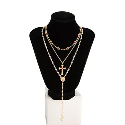 Layered Necklace for Women, Cross Pendant Y Necklace Set, 18K Gold Plated Dainty Stackable Jewelry Gift for Everyday Wear - style: 3PCS - A