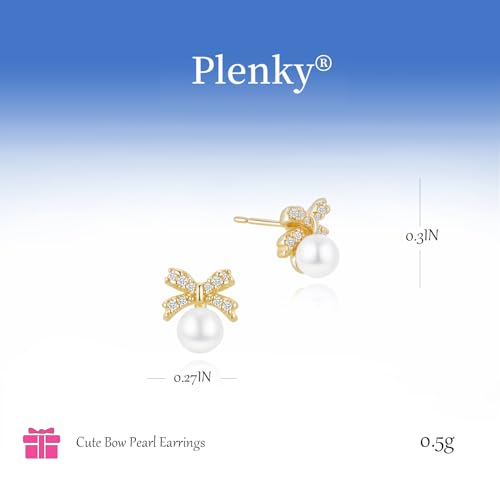 Plenky Pearl Earrings-14K Gold Plated Dainty Pearl Drop Simple Wedding CZ Dangle Dangling Cute Stud Earrings for Brides Earrings for Women Gifts - style: CZ Bow Pearl Earrings