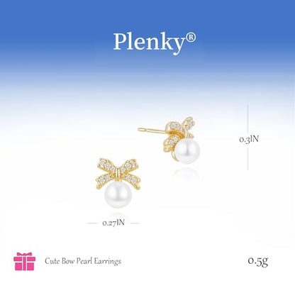 Plenky Pearl Earrings-14K Gold Plated Dainty Pearl Drop Simple Wedding CZ Dangle Dangling Cute Stud Earrings for Brides Earrings for Women Gifts - style: CZ Bow Pearl Earrings