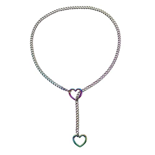 Qitian Stainless Steel Adjustable Lariat Y-Necklace for Men,Punk Gothic Cuban Necklace Jewelry,Heart O-ring Slip Chain Necklace for Women - color: Multi