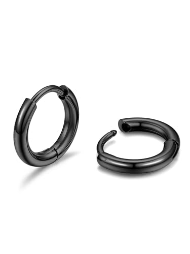 PROSTEEHoop Earrings for Men Women Stainless Steel Silver/Black/14K Gold | Waterproof & Lightweight Sleeper Small Huggie Earring Hypoallergenic Post Cartilage Piercing Jewelry for Mens Dad Gift Box - color: A. Round-Black, size: 8mm