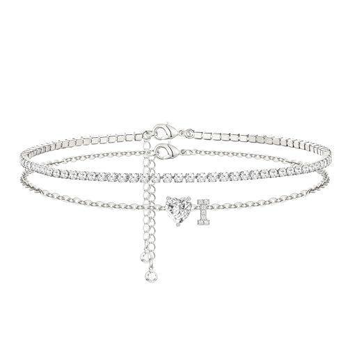 Heart Initial Silver Anklets for Women Waterproof Dainty Silver Plated ankle bracelets for women Large Ankle Women's Anklets Tennis ankle bracelets Non Tarnish Summer Beach Foot Jewelry - style: Silver-I