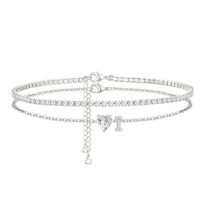Heart Initial Silver Anklets for Women Waterproof Dainty Silver Plated ankle bracelets for women Large Ankle Women's Anklets Tennis ankle bracelets Non Tarnish Summer Beach Foot Jewelry - style: Silver-I