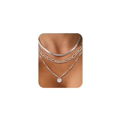 Layered Necklaces for Women,14k Gold Plated Dainty Necklace Stack Set Non Tarnish Adjustable Silver Stainless Steel CZ Heart Circle Pendant Paperclip Choker Herringbone Snake Chain Jewelry - style: Circle Layered Necklace-Silver