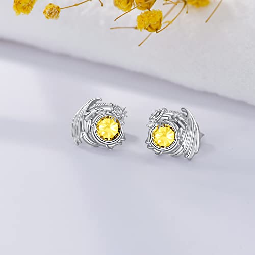 Dragon Earrings Sterling Silver Stud Hypoallergenic Birthstone Crystal Dragon Earrings for Women - color: 11-Nov