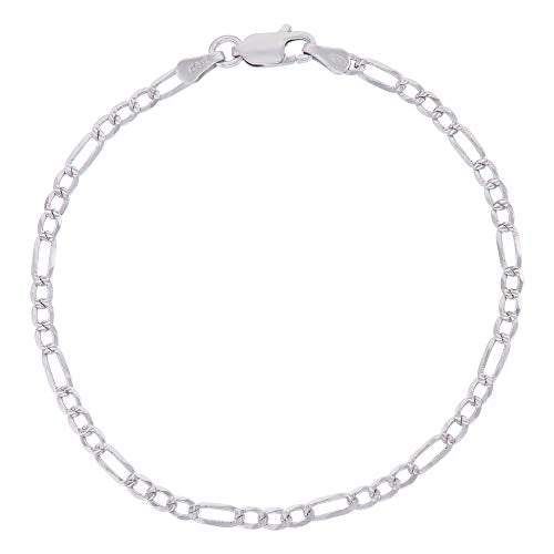 14K Gold or Rhodium Plated Silver Figaro Diamond Cut Pave Chain For Men | 1mm-13mm Thick | Solid 925 Figaro Italian Necklaces For Men - style: 2.60MM- White