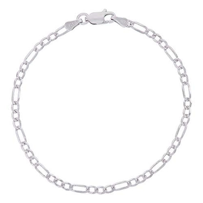 14K Gold or Rhodium Plated Silver Figaro Diamond Cut Pave Chain For Men | 1mm-13mm Thick | Solid 925 Figaro Italian Necklaces For Men - style: 2.60MM- White