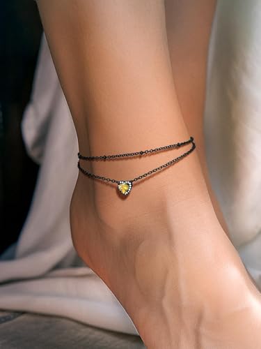 Richsteel Double Layer Heart/Butterfly Birthstone Anklet for Women | Non Tarnish Waterproof, Silver/Gold/Black Stainless Steel 8.5-10.5 Inch Adjustable Chain Anklets Summer Beach Foot Jewelry - color: Black Heart-11 Nov.(Yellow Topaz)