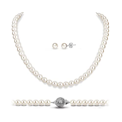 White Pearl Necklace Stud Set: 8mm/10mm Elegant White Pearl Stand Stud Earring Wedding Jewelry with Dainty Silver Clasp for Bride Bridemaid - Trendy Simple Dainty Wedding Fashion Prom Accessory for Girl Mother Women