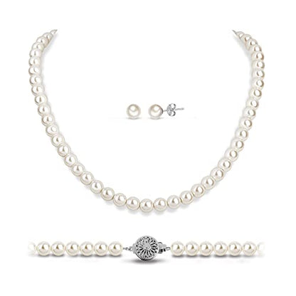White Pearl Necklace Stud Set: 8mm/10mm Elegant White Pearl Stand Stud Earring Wedding Jewelry with Dainty Silver Clasp for Bride Bridemaid - Trendy Simple Dainty Wedding Fashion Prom Accessory for Girl Mother Women