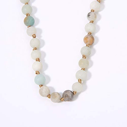 Semi Precious Stone Beaded Choker Necklace 14K Gold Plated Natural Stone Double Strand Necklace Layered Short Necklaces - color: Amazonite
