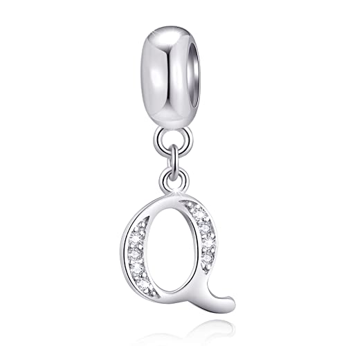 26 Letter Pendant Charms, Polished 925 Sterling Silver Complete Initial A-Z Dangling CZ Stone Alphabet Beads, fits European Bracelet Necklace, Gift for Mother/Father/Daughter/Son/Sister/Aunt - color: Letter Q CZ Pendant Charm