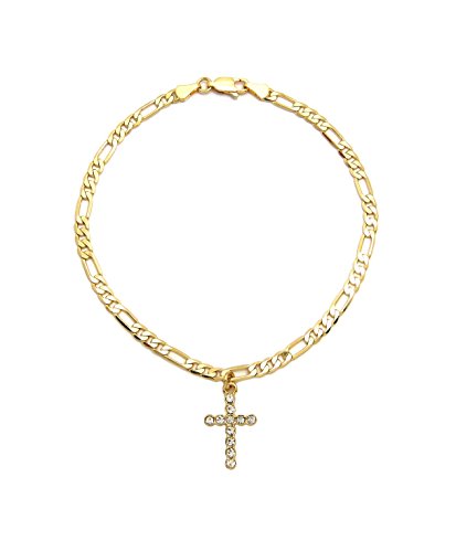 Fashion 21 Women's Cross, Ankh, Queen Nefertiti Piece 10 inches Figaro Chain Anklet Foot Bracelet in Gold Tone - style: Cross Piece / Figaro