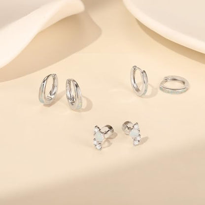 Opal Earrings Set for Women, Birthday Gift for Her, Sterling Silver | 14K Gold Plated, Hypoallergenic S925 Opal Hoop Stud Earrings for Women with Sensitive Ears, Dainty earring Stacks—Trendy Opals Jewelry 2026 - color: Silver Hoop&Flat Studs