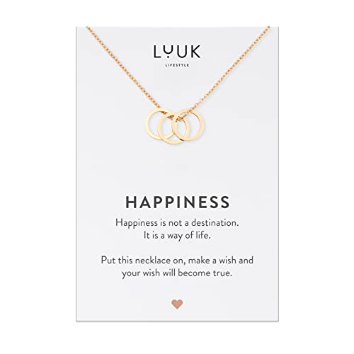 LUUK LIFESTYLE Stainless steel necklace with pendant and HAPPINESS card, 20” adjustable length, lucky charm, friendship chain, Valentine's Day gift, birthday, women's jewelry, silver, gold, rosegold - color: Gold, size: Three rings