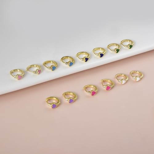 Enamel Heart Huggie Hoop Earrings with Cubic Zirconia Silver Small Hinged Hoops for Women - color: Heart Purple Enamel