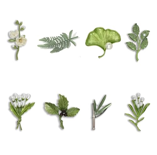 8 Pcs Green Botanical Flower Lapel Pins, Men's and Women's Simple Botanical Leaf Faux Pearl Alloy Brooch, Suit Dress Cheongsam Backpack Hat Accessories