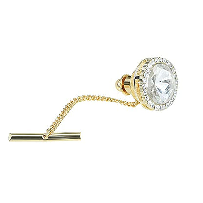 Men's Classic Round Crystal Men's Tie Tack Gold Color Tie Tack Clutch Back Fashion Necktie Tack Pin with Chain Crystal Lapel Pins Brooch - color: Clear Tie Tack