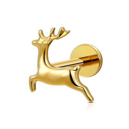 FINE4U Cartilage Christmas Piercing Jewelry 16G 6mm 8mm - ASTM F136 Titanium, Flat Back Labret Stud for Helix Flat Lobe, Elk Minimalist Earring, Squirrel Earrings - color: Deer - Gold