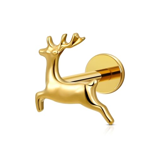 FINE4U Cartilage Christmas Piercing Jewelry 16G 6mm 8mm - ASTM F136 Titanium, Flat Back Labret Stud for Helix Flat Lobe, Elk Minimalist Earring, Squirrel Earrings - color: Deer - Gold