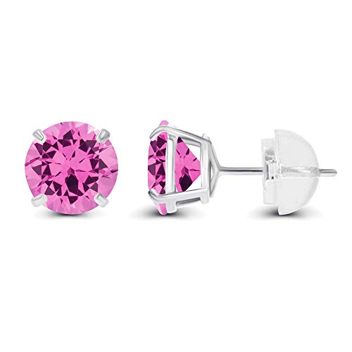 Solid 925 Sterling Silver Gold Plated 6mm Round Genuine Birthstone Gemstone Hypoallergenic Stud Earrings For Women - color: Created Pink Sapphire