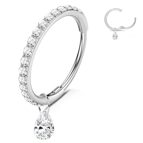 WBRWP 316L Stainless Steel Nose Hoop Rings Clicker with Zircon/Opal 14g-20g | Hypoallergenic Nose Rings Segment Clicker Lip Rings Cartilage Rook Conch Earrings Diameter 5mm-10mm - color: Silver ring with zircon and dangle-1pc pack