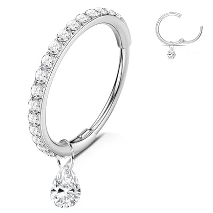 WBRWP 316L Stainless Steel Nose Hoop Rings Clicker with Zircon/Opal 14g-20g | Hypoallergenic Nose Rings Segment Clicker Lip Rings Cartilage Rook Conch Earrings Diameter 5mm-10mm - color: Silver ring with zircon and dangle-1pc pack