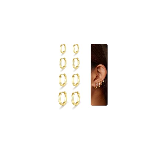 4 Pairs Sterling Silver Earrings For Women Trendy 14K Gold Plated Small Huggies Hoop Earrings Hypoallergenic Cartilage Sleeper Hoop Earring Set for Multiple Piercing 6/8/10/12mm - color: Gold