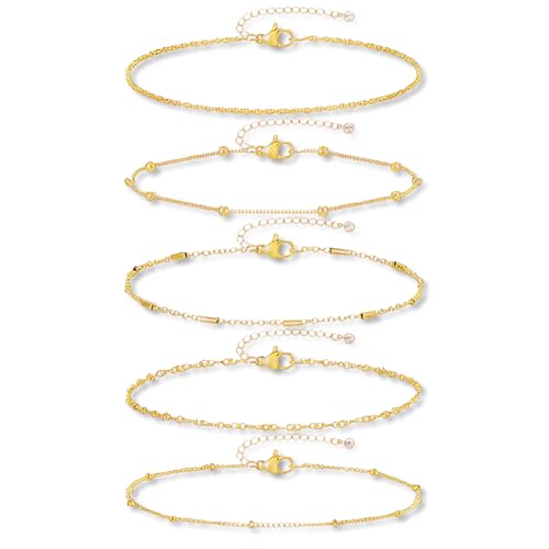 5PCS 14K Gold Plated Ankle Bracelets Set for Women Men,Waterproof Adjustable Anklets for Summer Beach,Layered Paperclip Beaded Cuban Herringbone Link Chain,Jewelry Accessory for Couples Wife GF BF Holiday Gifts - color: Gold - C