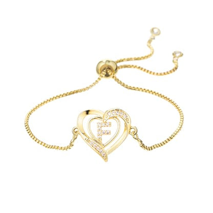 14K White Gold Plated Initial Heart Bracelet for Women Zircon Inlay Heart Initial Charm Bracelets Adjustable Minimalist Jewelry - color: F-gold
