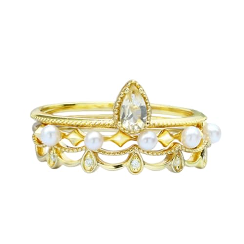Women 9K/14K/18K Yellow Gold Vintage Wedding Ring 3-Piece Set with Crystal and Pearl, Moissanite - color: 9K Yellow Gold