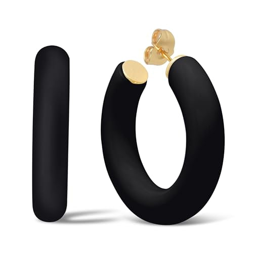 Gold Plated Multicolor Resin Chunky Thick Open Hoop Earrings in 57MM and 37.5MM Diameters - color: Black - Matte Finish, size: 37.5MM (1.48") Diameter