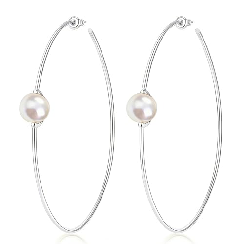 OwMell Large Hoop Earrings for Women 925 Sterling Silver Post 14K Gold Plated Big Hoops Earrings Trendy Pearl Cubic Zirconia Hoop Earrings - color: Pearl Silver
