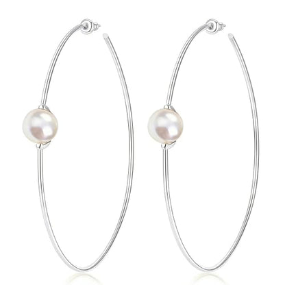 OwMell Large Hoop Earrings for Women 925 Sterling Silver Post 14K Gold Plated Big Hoops Earrings Trendy Pearl Cubic Zirconia Hoop Earrings - color: Pearl Silver
