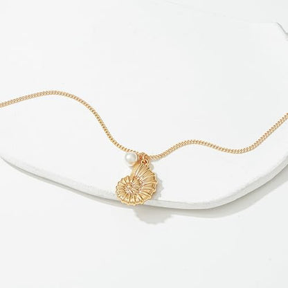 MTMY Gold Starfish Necklace 14K Gold Plated Shell Conch Ocean Pendant Necklace for Women Beach Summer Jewelry - style: pearl conch