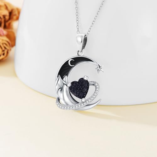 I Love You to the Moon and Back Necklace 925 Sterling Silver Black Crescent Moon Star Pendant with Heart Birthstone Necklace Anniversary Gothic Jewelry Gifts for Women Wife Lovers - color: 13-Blue sandstone
