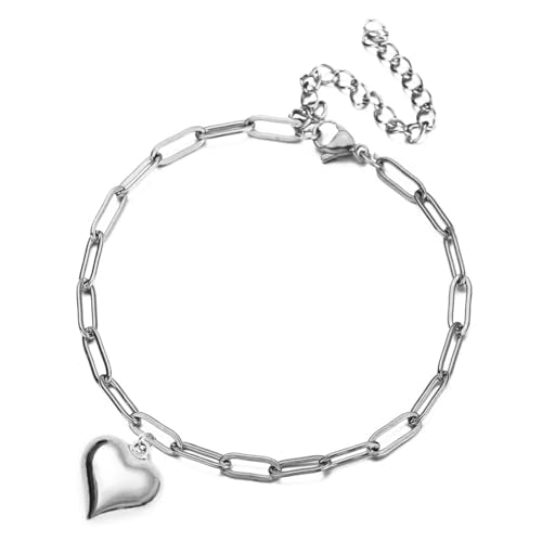 Stainless Steel Puffy Heart Charms Paperclip Chain Bracelet | Paper Clip,for Women,Love - color: Silver Color