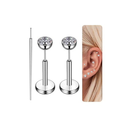 Gotumo 16G 18G 20G Flat Back Earrings Stud Titanium Threadless Nose Rings Tragus Labret Cartilage Lip Medusa Conch Body Piercing Jewelry Hypoallergenic for Women Men - color: Silver, size: 18G Bar Lengths 6mm & CZ 3mm