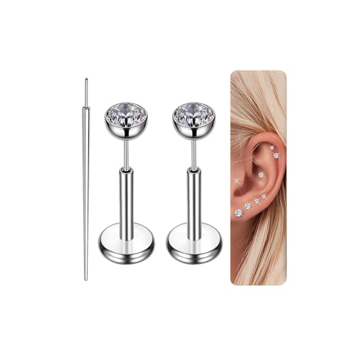 Gotumo 16G 18G 20G Flat Back Earrings Stud Titanium Threadless Nose Rings Tragus Labret Cartilage Lip Medusa Conch Body Piercing Jewelry Hypoallergenic for Women Men - color: Silver, size: 18G Bar Lengths 6mm & CZ 3mm