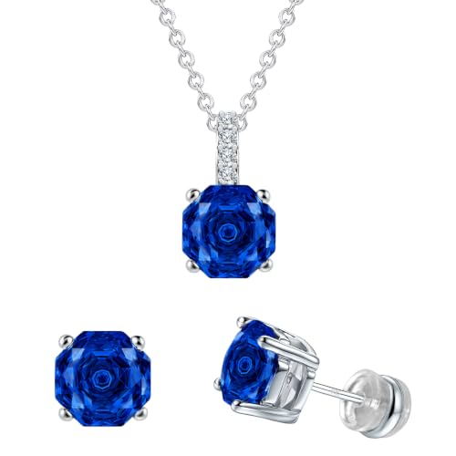 Rose Cut Silver Solitaire Necklace and Earring Set for Women, Jewelry Gift | Rose Cut, Cubic Zirconia, Necklace and Stud Earrings Set, Jewelry Set, Minimalist - color: Sapphire Blue