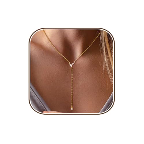 LuckFairy Lariat Necklace for Women，Dainty Gold Long Necklaces 14k Gold Plated CZ Lips Bead Y-Shaped Drop Chain Necklace Simple Gold Layered Necklaces for Women Trendy Gold Jewelry Gifts for Women - color: LEAF CZ