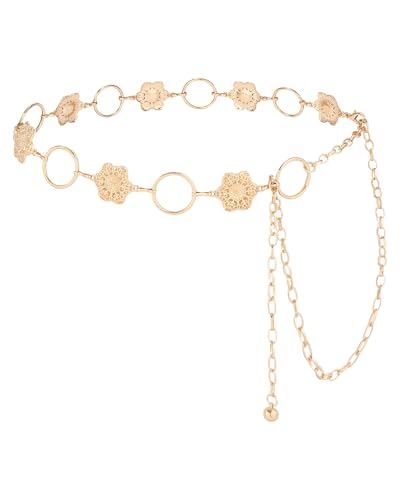 WELROG Metal Waist Chain Belt for Women - Pearls Gold Silver Chain Belts for Dresses Jeans - color: Circle flower(Gold)
