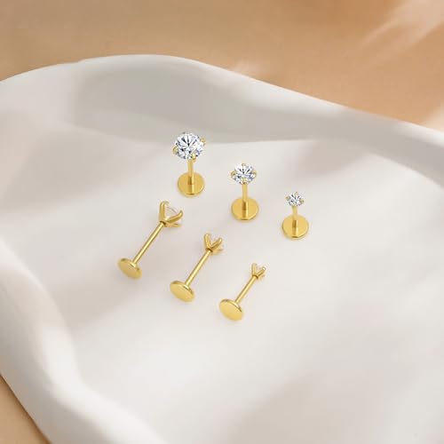 14K Gold Filled Threadless Nose Studs 316L Surgical Steel Labret Studs Lip Rings Push in Flat Back Stud Earrings CZ Nose Nostril Cartilage Lip Medusa Conch Tragus Helix Body Piercing Jewelry for Women Men Hypoallergenic 20G 18G 16G - color: 6Pcs 20G 2mm 3