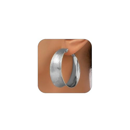 Hoop Earrings for Women Wide Hoop Earrings Large Big Flat Huggie Hoops Earrings Trendy Chunky Hoops Earrings Statement Earrings Jewelry for Women - color: Silver