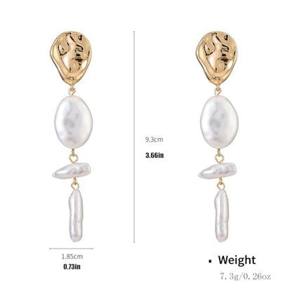 Statement Pearl Dangle Earrings,Gold and Large Pearl,Luxury Chandelier Organic Style Earrings - color: G gold and white